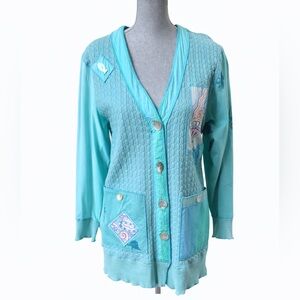 Faith Patchwork Embroidered Cardigan Sweater Turquoise Boho Cottagecore Size S